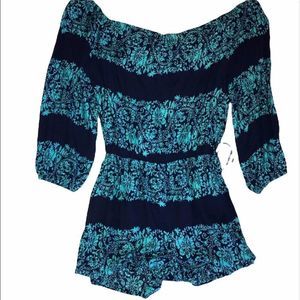 🆕 Turquoise teal romper floral pattern navy stripe